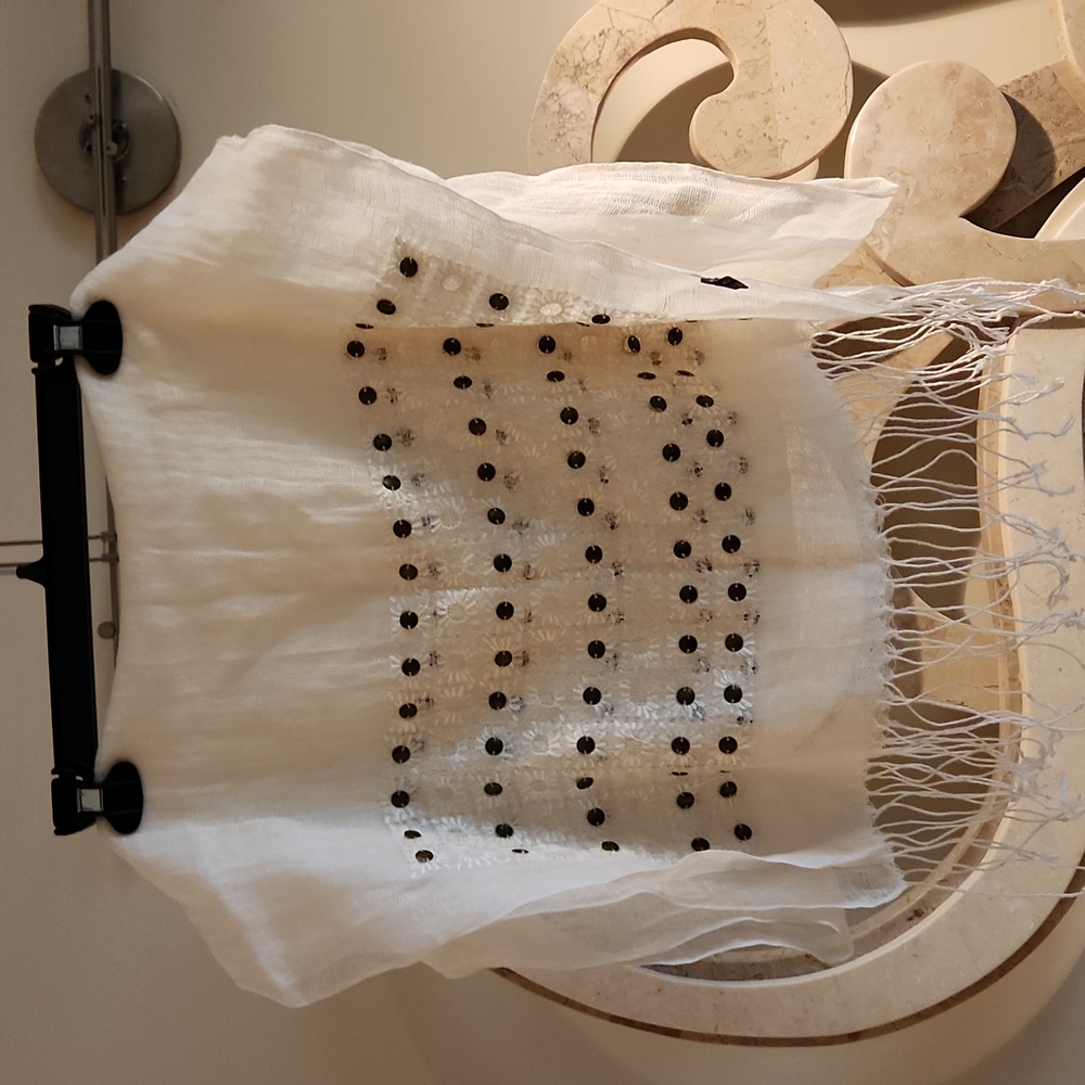 White Embellished Fringe Scarf Wrap